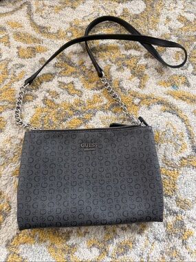 GUESS Charcoal Gray Monogram Crossbody with Chain Strap